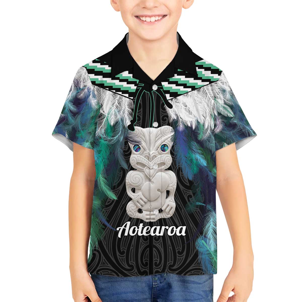 Aotearoa Korowai Motif Family Matching Off The Shoulder Long Sleeve Dress and Hawaiian Shirt Hei Tiki Poutama Maori Pattern