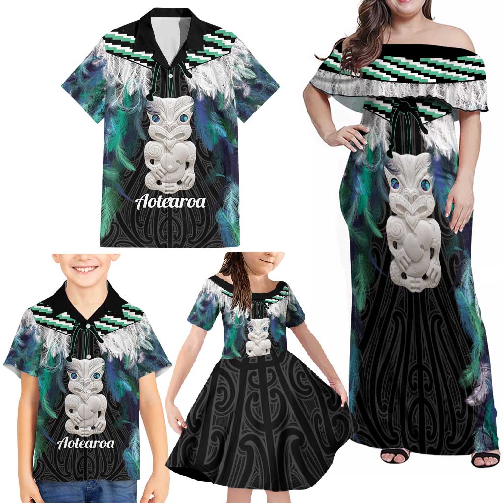 Aotearoa Korowai Motif Family Matching Off Shoulder Maxi Dress and Hawaiian Shirt Hei Tiki Poutama Maori Pattern