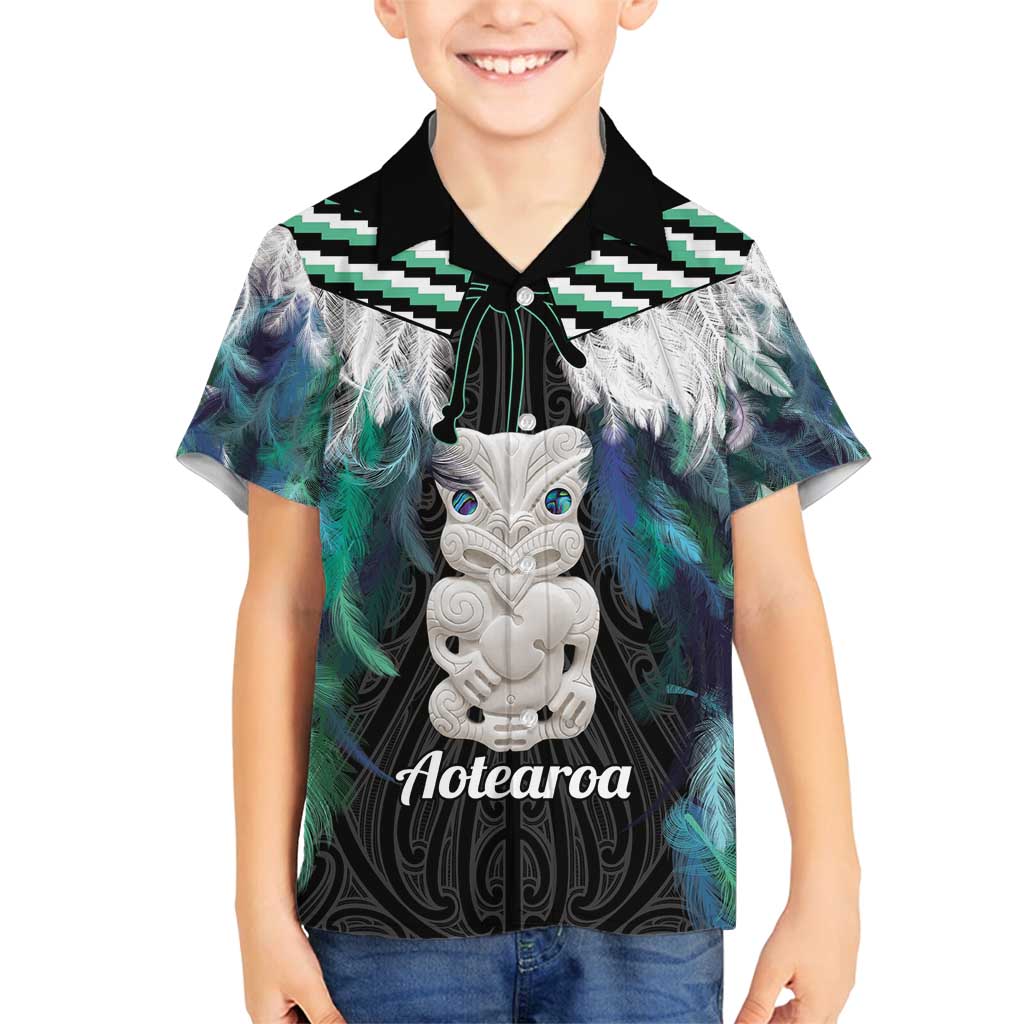 Aotearoa Korowai Motif Family Matching Off Shoulder Short Dress and Hawaiian Shirt Hei Tiki Poutama Maori Pattern