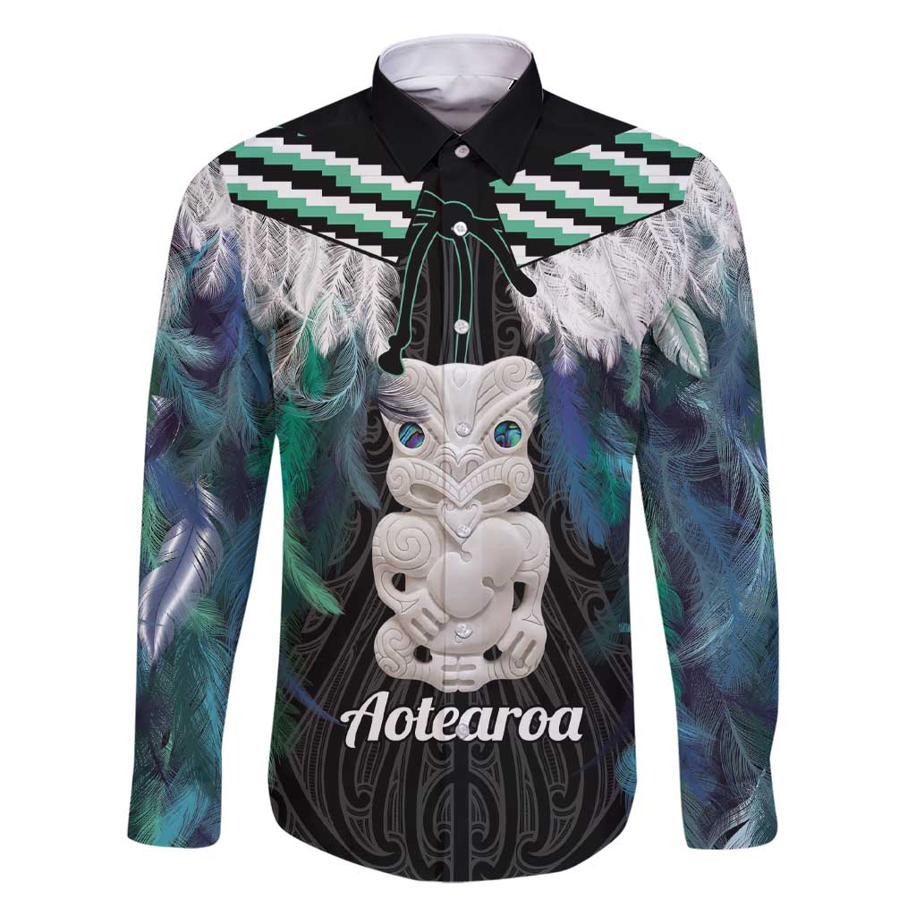 Aotearoa Korowai Motif Family Matching Short Sleeve Bodycon Dress and Hawaiian Shirt Hei Tiki Poutama Maori Pattern LT14 Dad's Shirt - Long Sleeve Turquoise - Polynesian Pride
