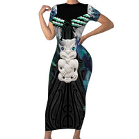 Aotearoa Korowai Motif Family Matching Short Sleeve Bodycon Dress and Hawaiian Shirt Hei Tiki Poutama Maori Pattern LT14 Mom's Dress Turquoise - Polynesian Pride