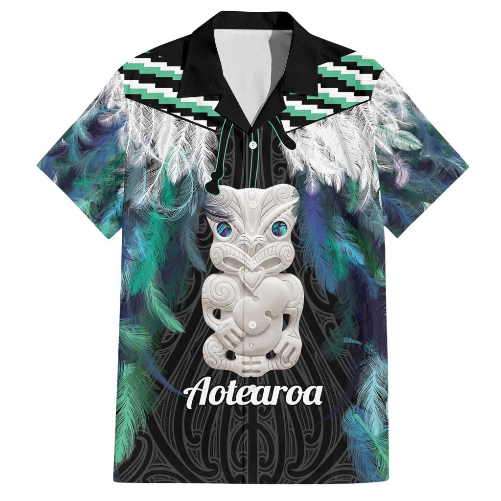 Aotearoa Korowai Motif Family Matching Tank Maxi Dress and Hawaiian Shirt Hei Tiki Poutama Maori Pattern LT14 Dad's Shirt - Short Sleeve Turquoise - Polynesian Pride