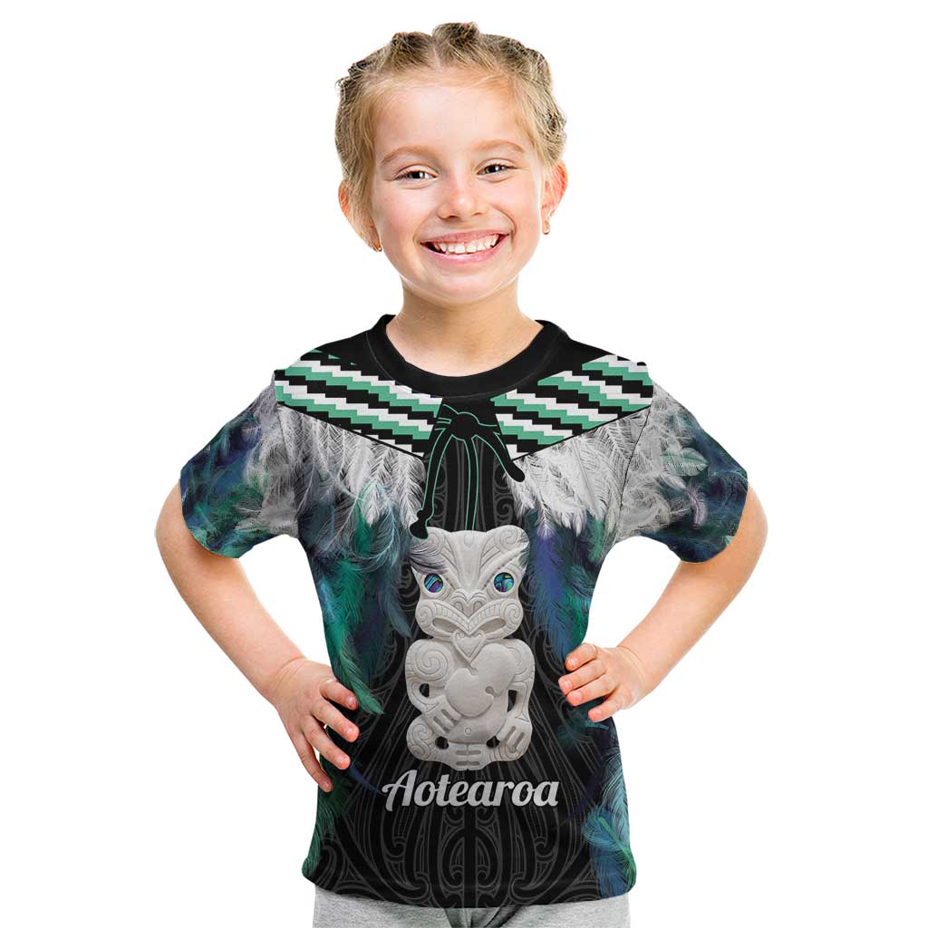 Aotearoa Korowai Motif Kid T Shirt Hei Tiki Poutama Maori Pattern LT14 Turquoise - Polynesian Pride