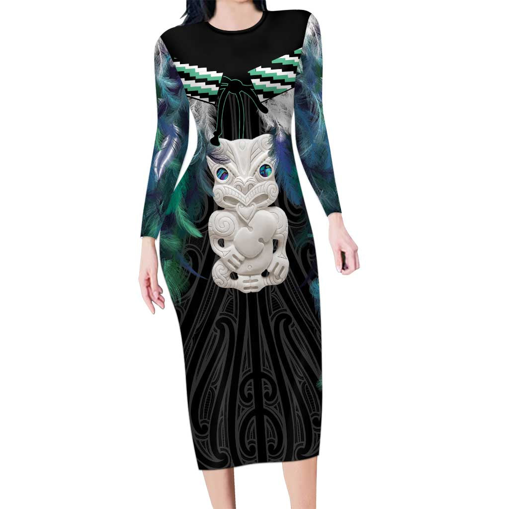 Aotearoa Korowai Motif Long Sleeve Bodycon Dress Hei Tiki Poutama Maori Pattern