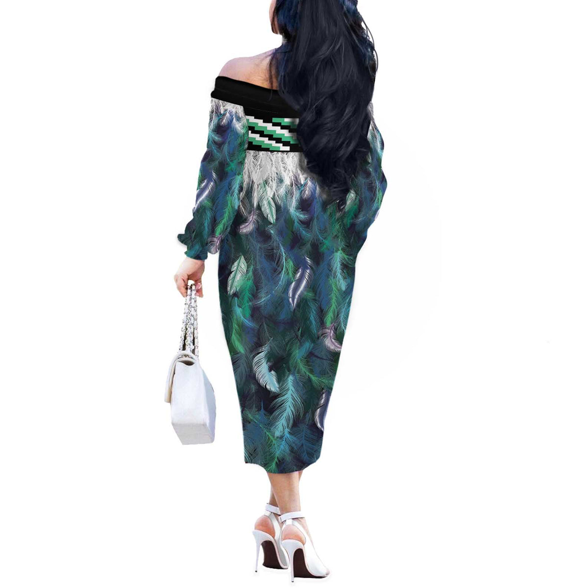 Aotearoa Korowai Motif Off The Shoulder Long Sleeve Dress Hei Tiki Poutama Maori Pattern