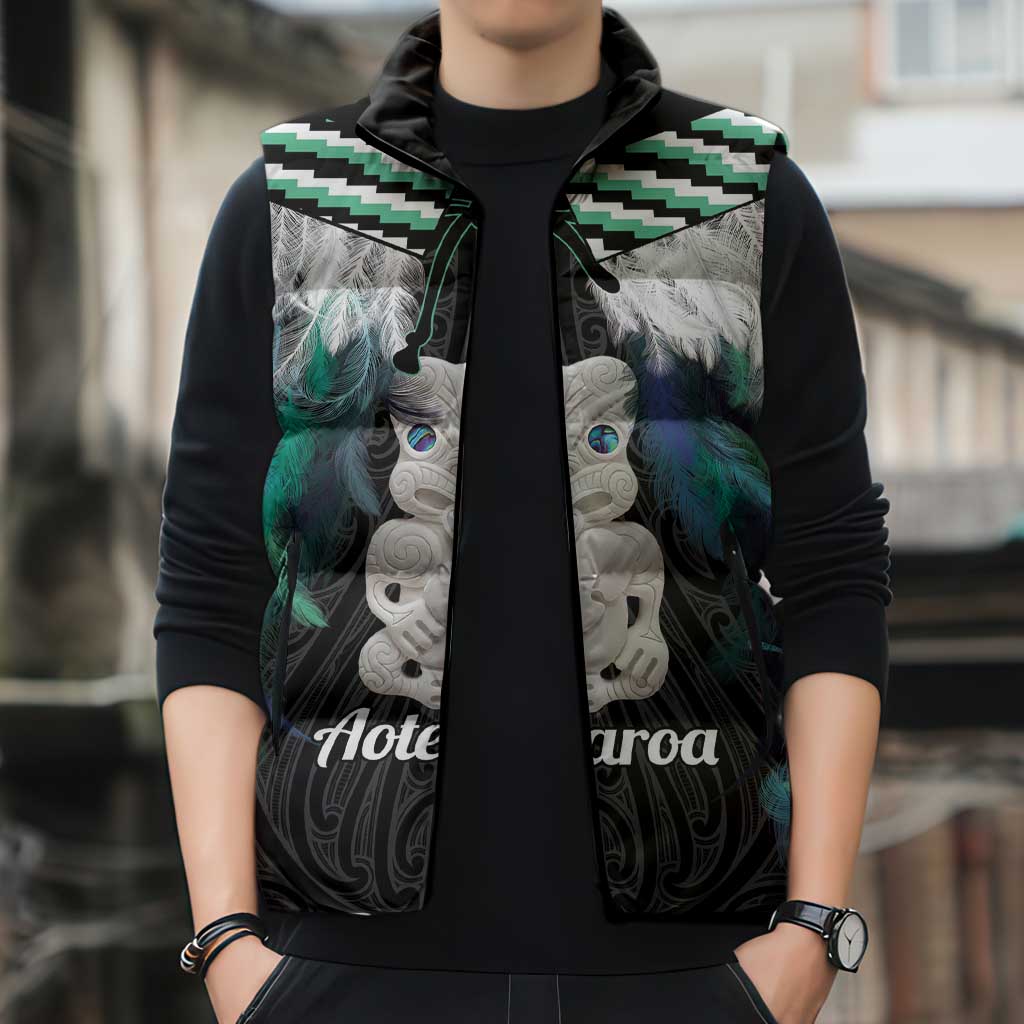 Aotearoa Korowai Motif Sleeveless Puffer Jacket Hei Tiki Poutama Maori Pattern - Polynesian Pride
