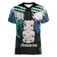 Aotearoa Korowai Motif Women V-Neck T-Shirt Hei Tiki Poutama Maori Pattern LT14 Female Turquoise - Polynesian Pride