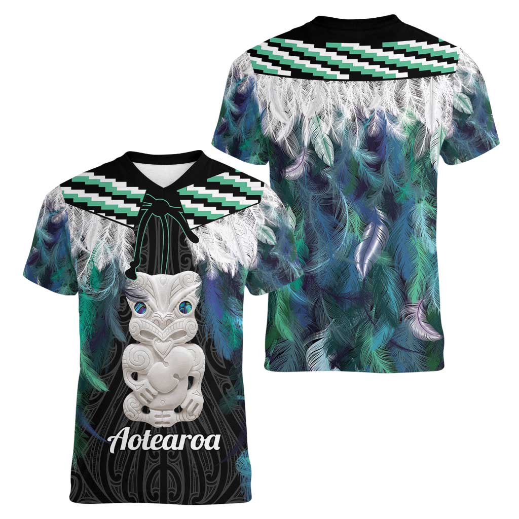 Aotearoa Korowai Motif Women V-Neck T-Shirt Hei Tiki Poutama Maori Pattern LT14 - Polynesian Pride