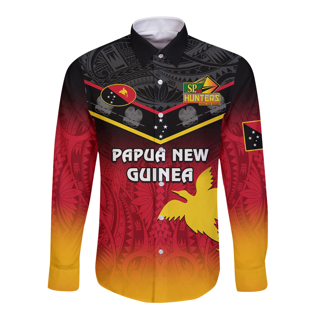 Papua New Guinea Rugby Long Sleeve Button Shirt PNG Hunters Polynesian Black LT14 Unisex Black - Polynesian Pride