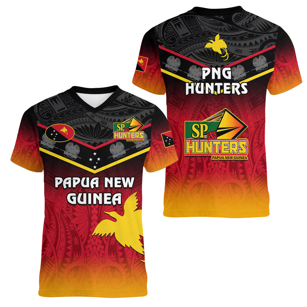 Papua New Guinea Rugby Women V Neck T Shirt PNG Hunters Polynesian Black LT14 - Polynesian Pride