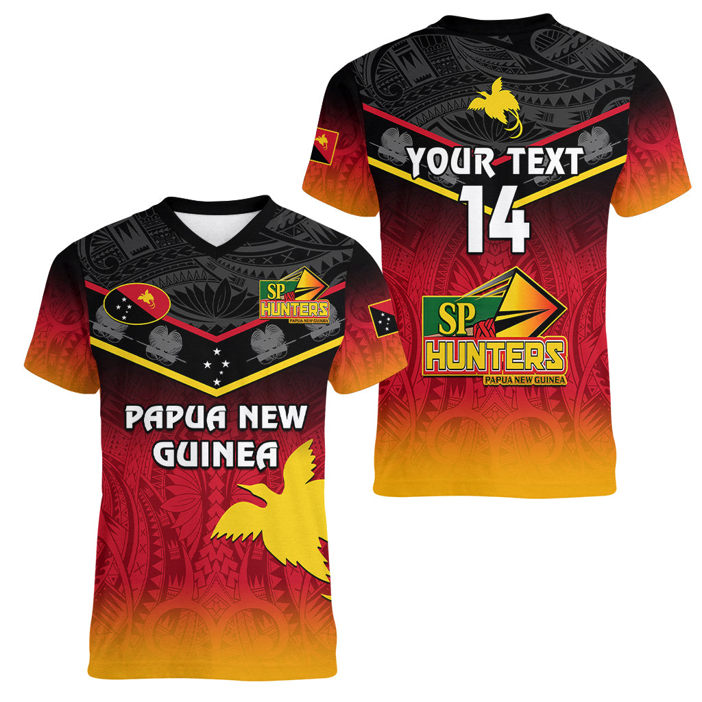 Personalised Papua New Guinea Rugby Women V Neck T Shirt PNG Hunters Polynesian Black LT14 - Polynesian Pride
