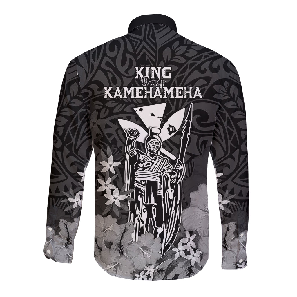 Polynesian Pride King Kamehameha Day Hawaii Long Sleeve Button Shirt Polynesia Tribal Kanaka And Hibiscus Black LT14 - Polynesian Pride