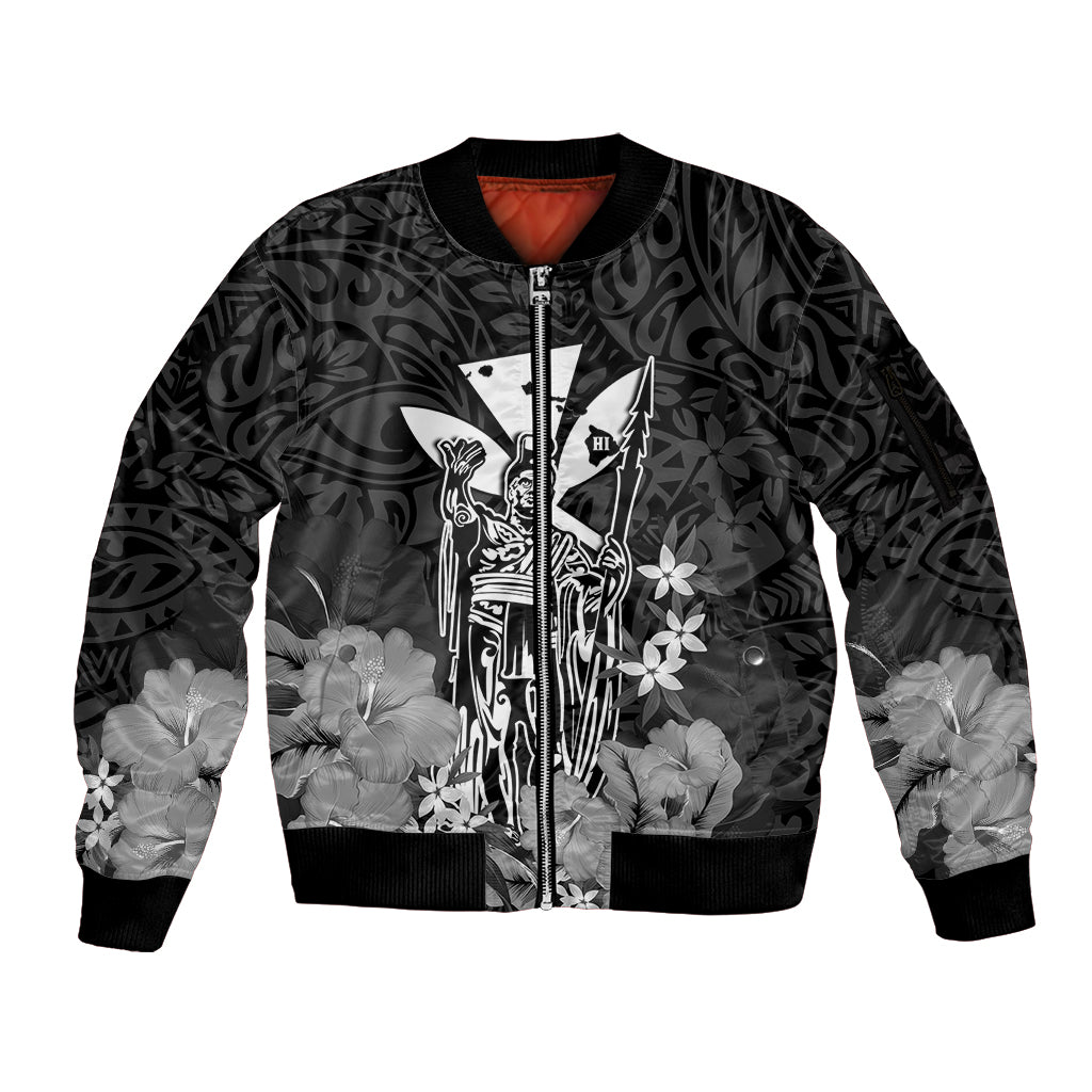 Personalised King Kamehameha Day Hawaii Sleeve Zip Bomber Jacket Polynesia Tribal Kanaka And Hibiscus Black LT14 Unisex Black - Polynesian Pride