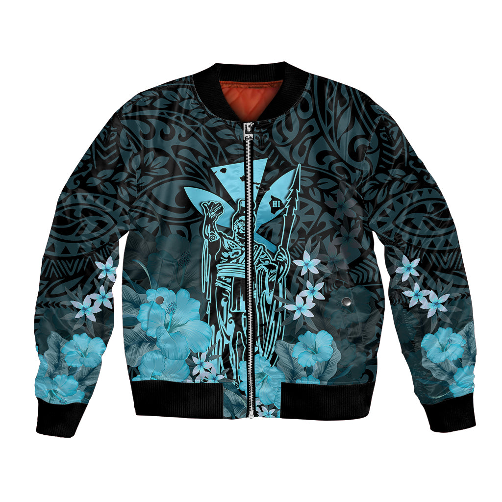 Polynesian Pride King Kamehameha Day Hawaii Bomber Jacket Polynesia Tribal Kanaka And Hibiscus Turquoise LT14 Unisex Turquoise - Polynesian Pride