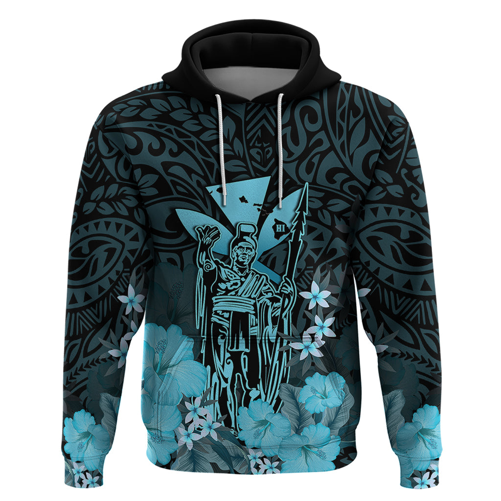 Custom King Kamehameha Day Hawaii Hoodie Polynesia Tribal Kanaka and Hibiscus Turquoise LT14 Pullover Hoodie Turquoise - Polynesian Pride