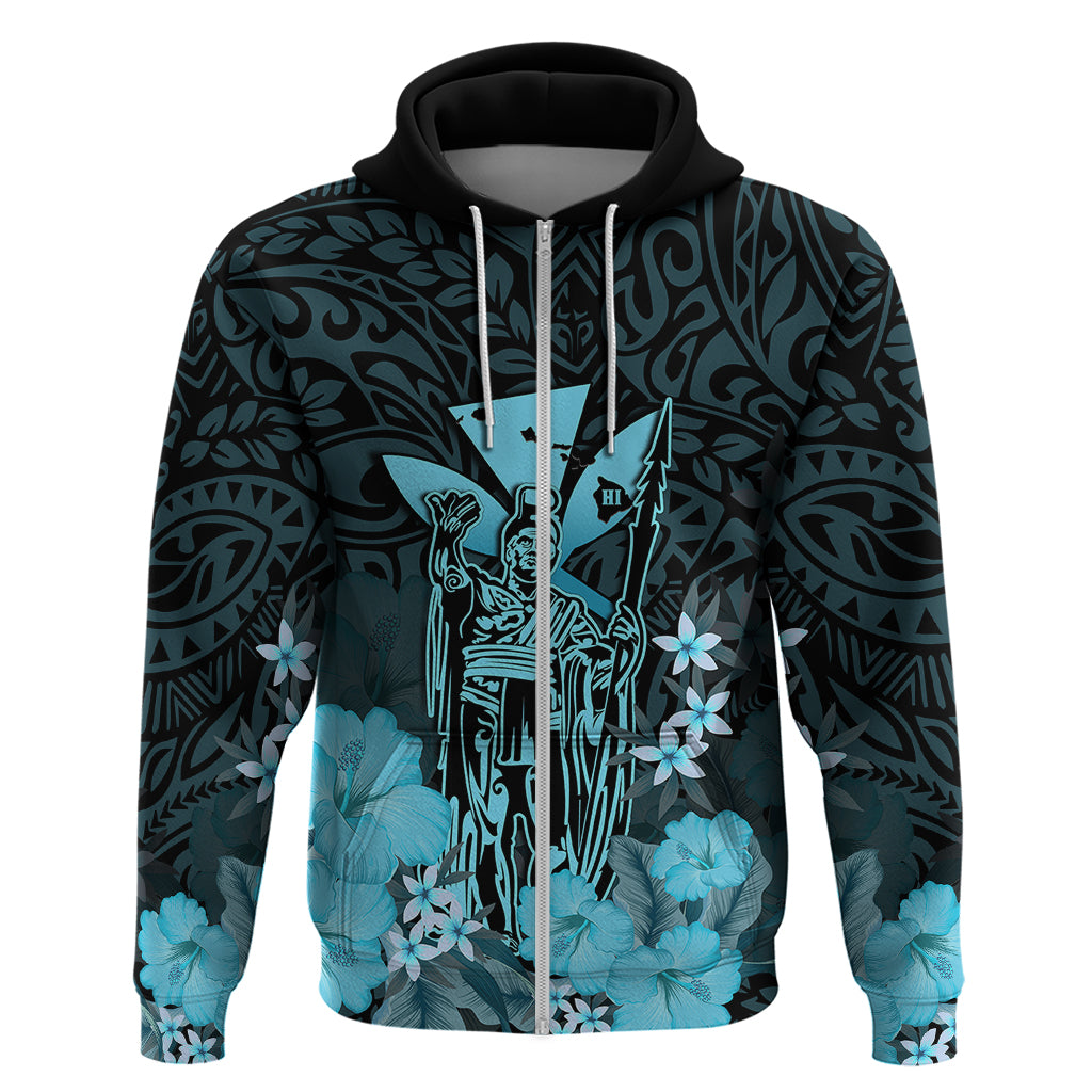 Custom King Kamehameha Day Hawaii Hoodie Polynesia Tribal Kanaka and Hibiscus Turquoise LT14 Zip Hoodie Turquoise - Polynesian Pride