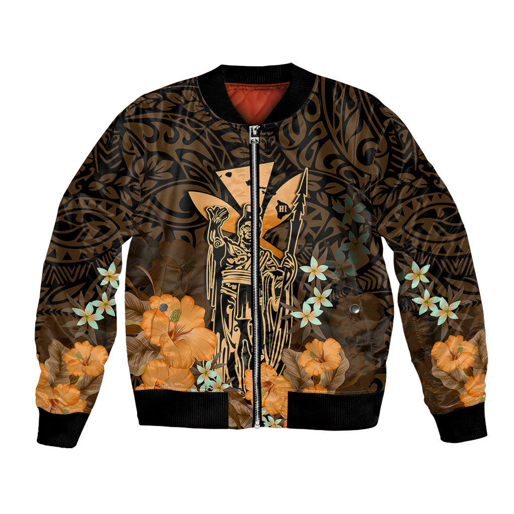 Polynesian Pride King Kamehameha Day Hawaii Bomber Jacket Polynesia Tribal Kanaka And Hibiscus Gold LT14 Unisex Gold - Polynesian Pride