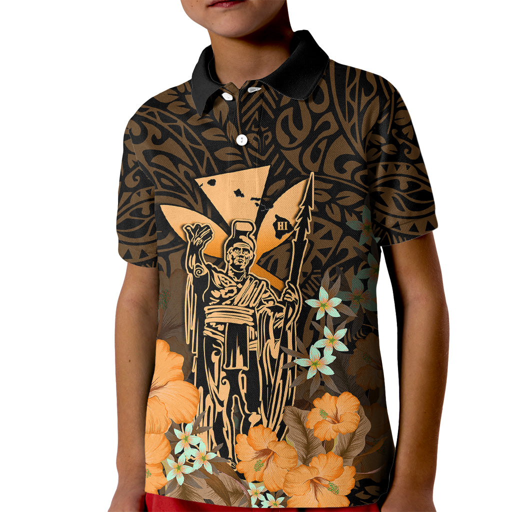 Polynesian Pride King Kamehameha Day Hawaii Kid Polo Shirt Polynesia Tribal Kanaka And Hibiscus Gold LT14 Kid Gold - Polynesian Pride