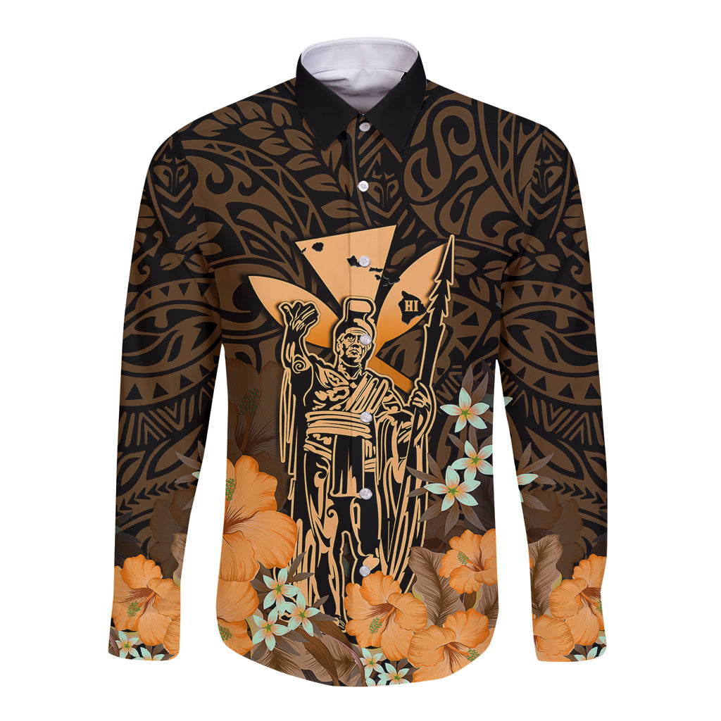 Polynesian Pride King Kamehameha Day Hawaii Long Sleeve Button Shirt Polynesia Tribal Kanaka And Hibiscus Gold LT14 Unisex Gold - Polynesian Pride