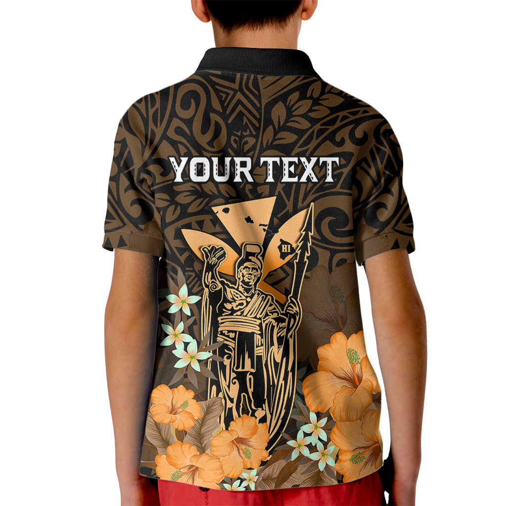Personalised King Kamehameha Day Hawaii Kid Polo Shirt Polynesia Tribal Kanaka And Hibiscus Gold LT14 - Polynesian Pride