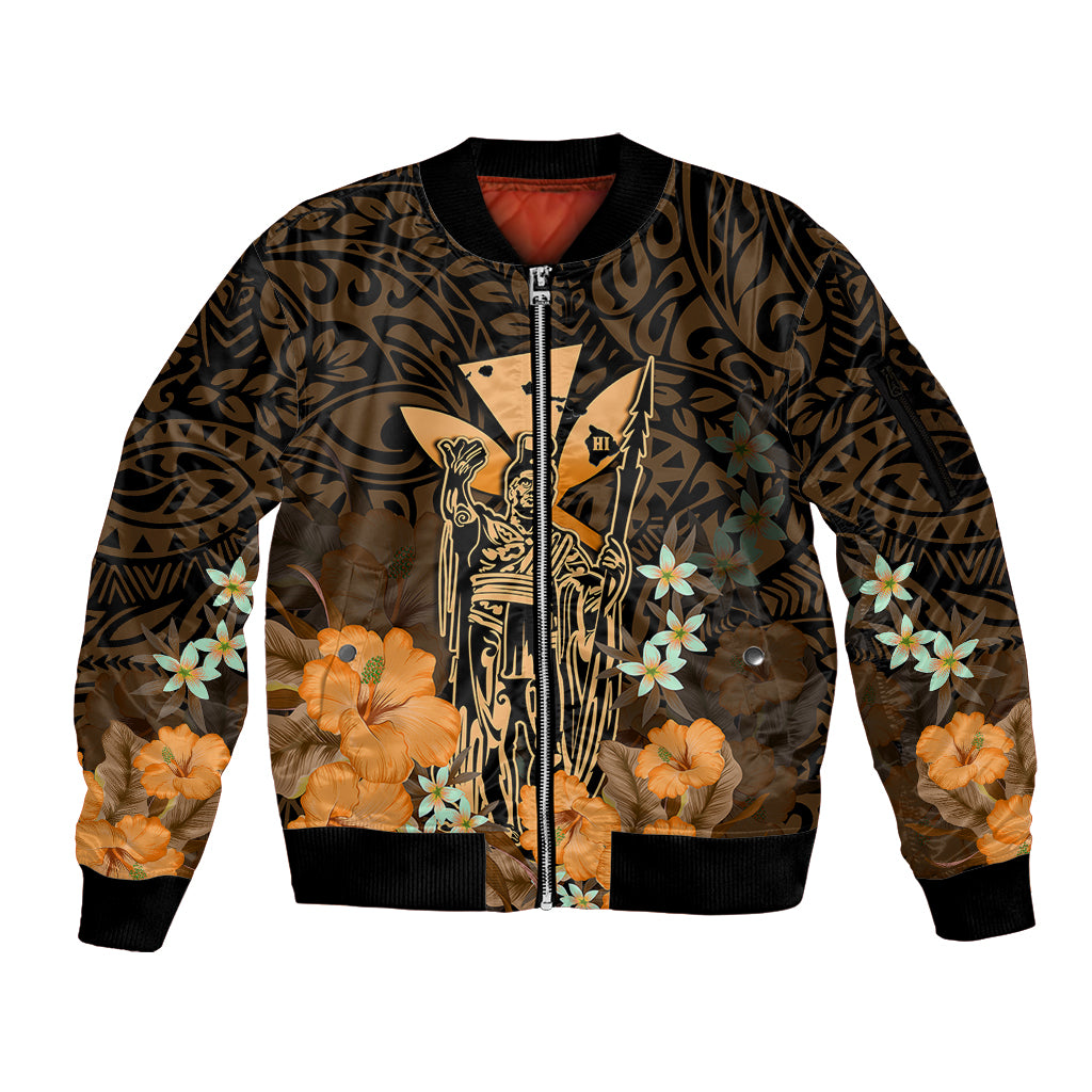 Personalised King Kamehameha Day Hawaii Sleeve Zip Bomber Jacket Polynesia Tribal Kanaka And Hibiscus Gold LT14 Unisex Gold - Polynesian Pride