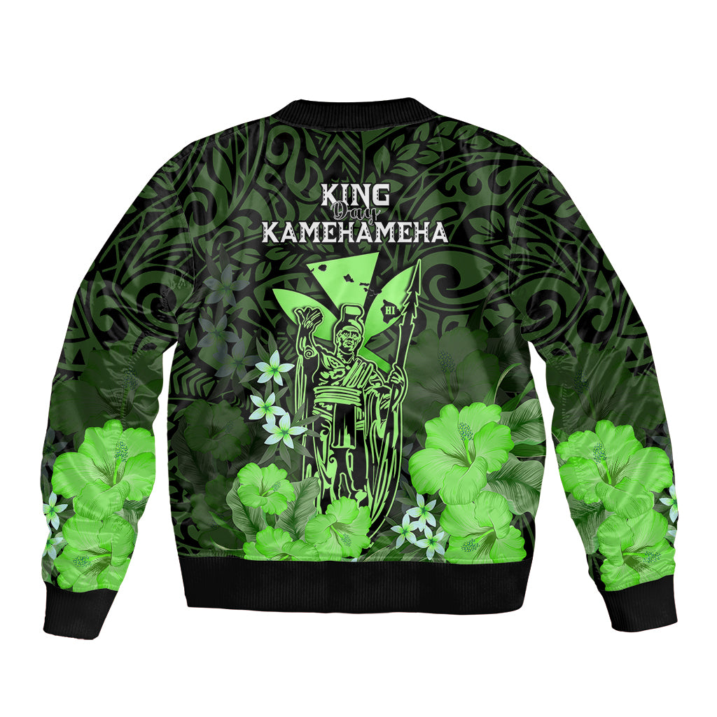 Polynesian Pride King Kamehameha Day Hawaii Sleeve Zip Bomber Jacket Polynesia Tribal Kanaka And Hibiscus Green LT14 - Polynesian Pride