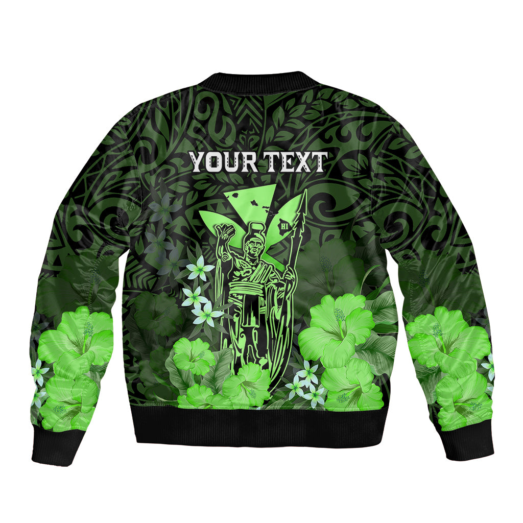 Personalised King Kamehameha Day Hawaii Bomber Jacket Polynesia Tribal Kanaka And Hibiscus Green LT14 - Polynesian Pride