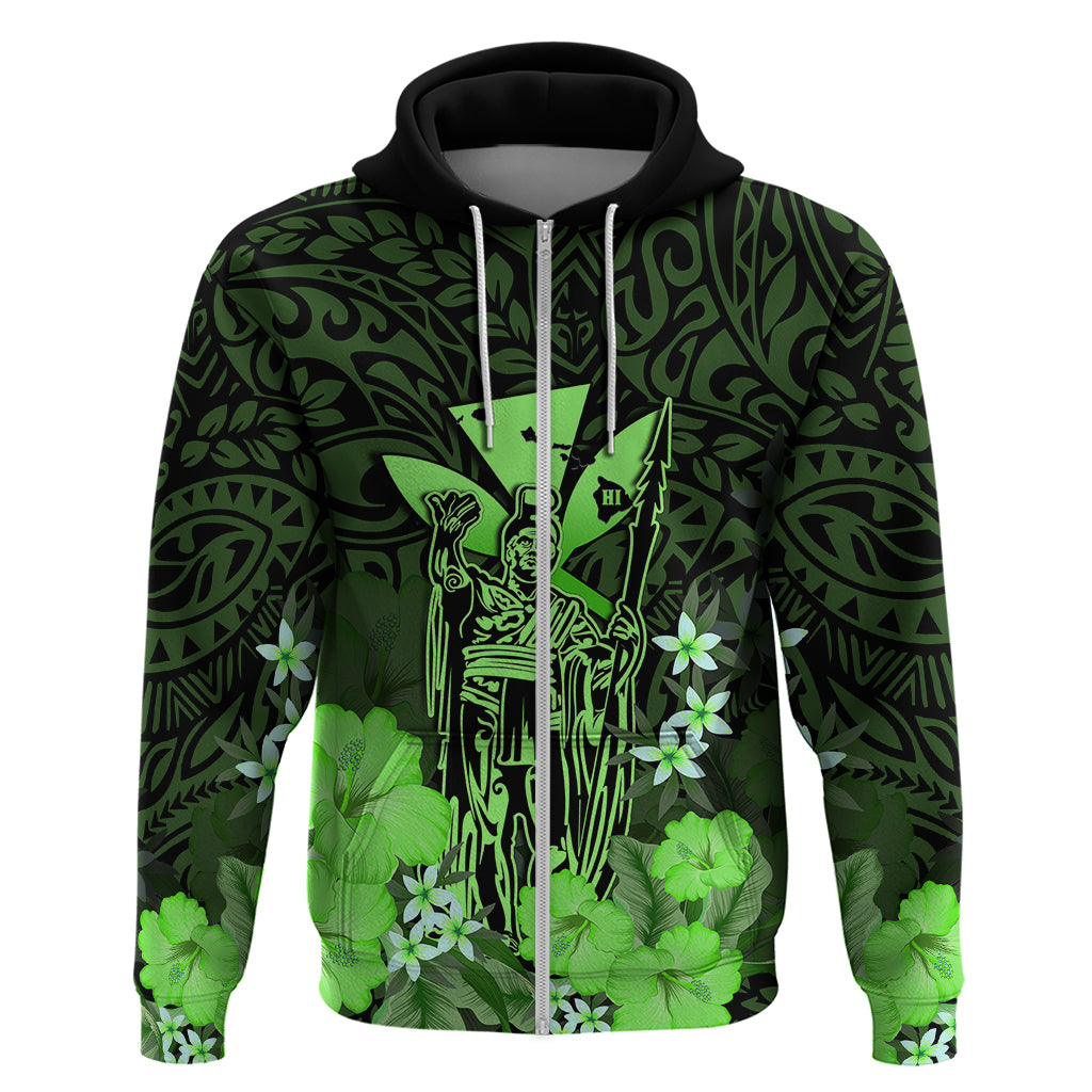 Custom King Kamehameha Day Hawaii Hoodie Polynesia Tribal Kanaka and Hibiscus Green LT14 Zip Hoodie Green - Polynesian Pride
