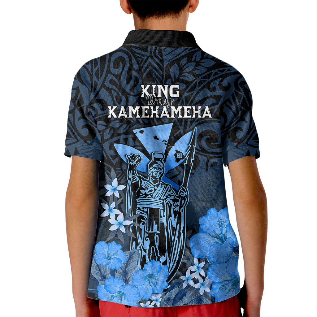 Polynesian Pride King Kamehameha Day Hawaii Kid Polo Shirt Polynesia Tribal Kanaka And Hibiscus Blue LT14 - Polynesian Pride
