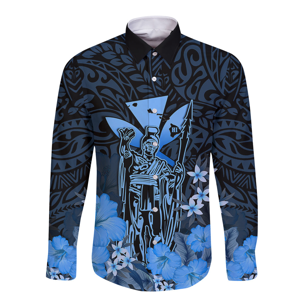 Polynesian Pride King Kamehameha Day Hawaii Long Sleeve Button Shirt Polynesia Tribal Kanaka And Hibiscus Blue LT14 Unisex Blue - Polynesian Pride