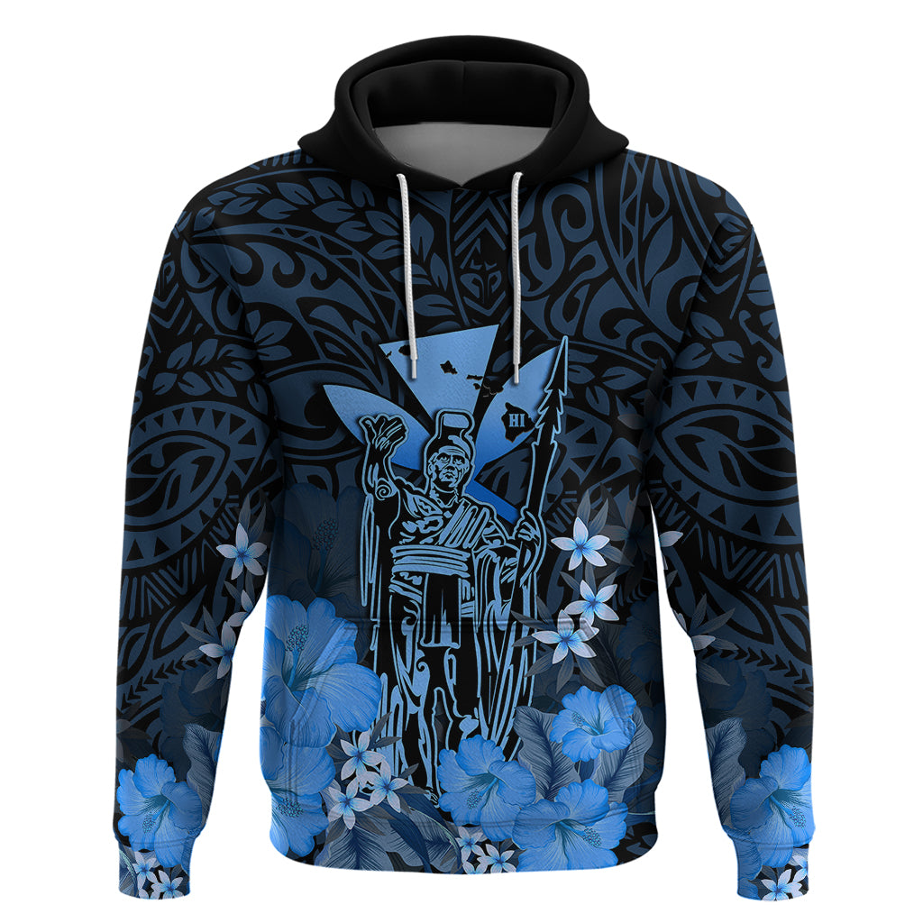 Custom King Kamehameha Day Hawaii Hoodie Polynesia Tribal Kanaka and Hibiscus Blue LT14 Pullover Hoodie Blue - Polynesian Pride