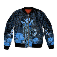 Personalised King Kamehameha Day Hawaii Sleeve Zip Bomber Jacket Polynesia Tribal Kanaka And Hibiscus Blue LT14 Unisex Blue - Polynesian Pride