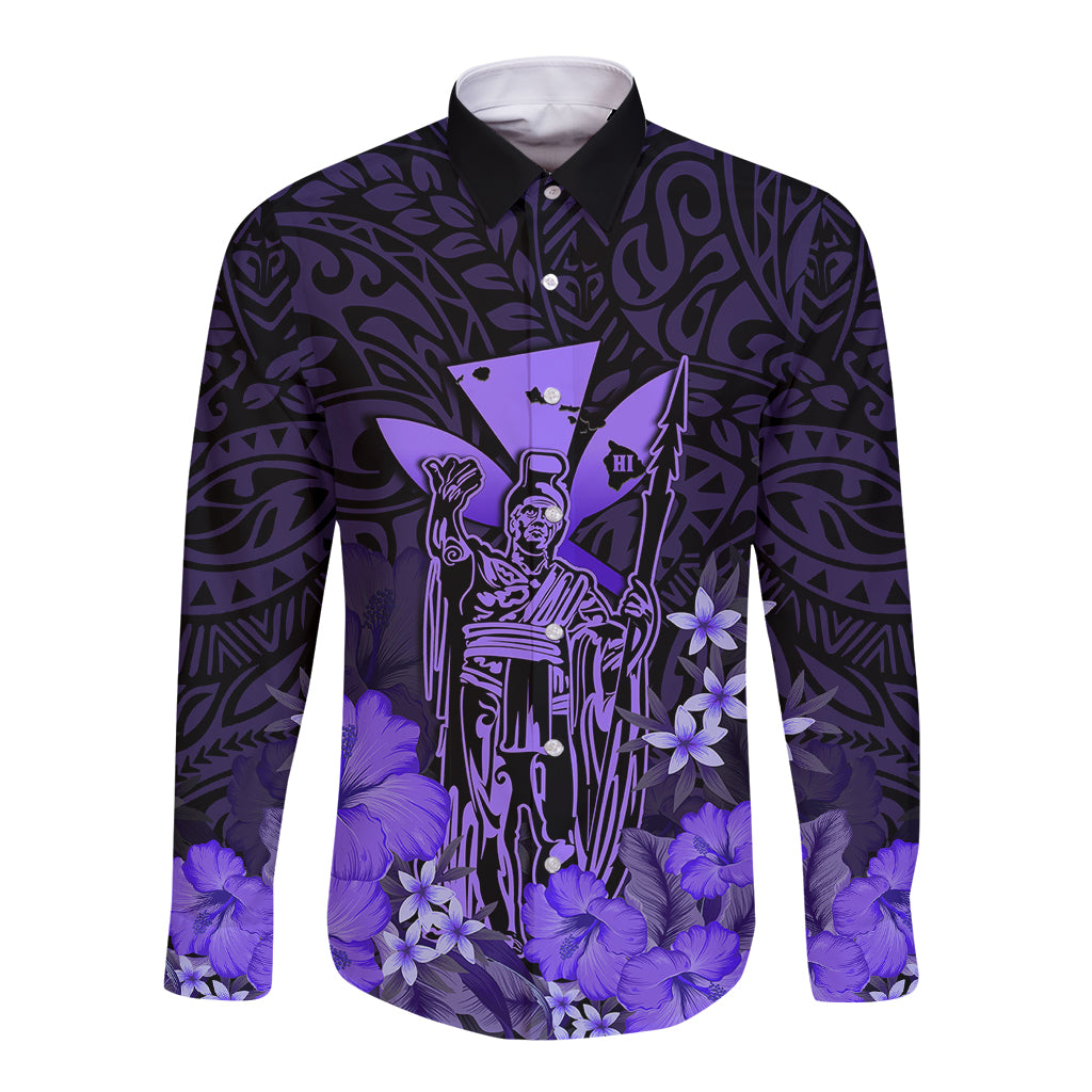 Polynesian Pride King Kamehameha Day Hawaii Long Sleeve Button Shirt Polynesia Tribal Kanaka And Hibiscus Purple LT14 Unisex Purple - Polynesian Pride