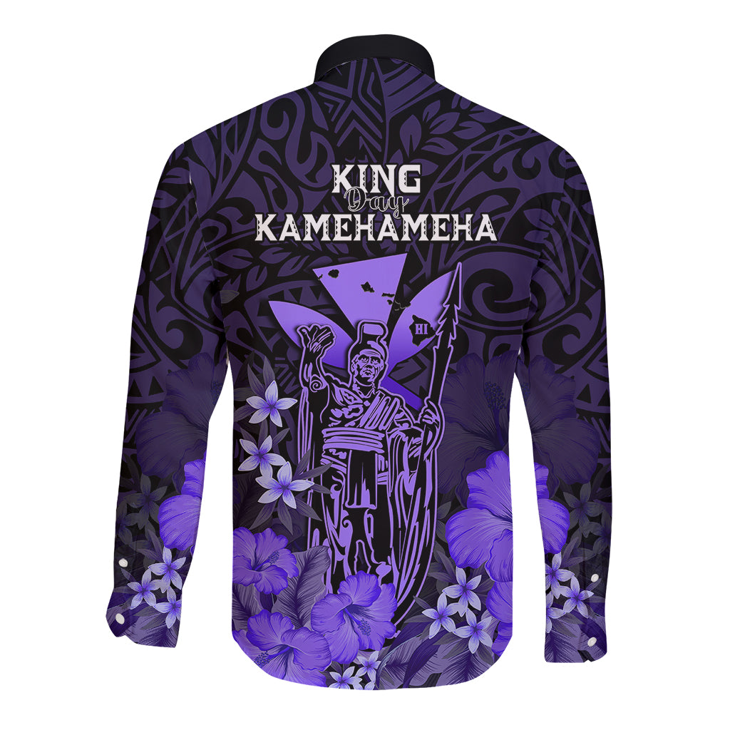 Polynesian Pride King Kamehameha Day Hawaii Long Sleeve Button Shirt Polynesia Tribal Kanaka And Hibiscus Purple LT14 - Polynesian Pride