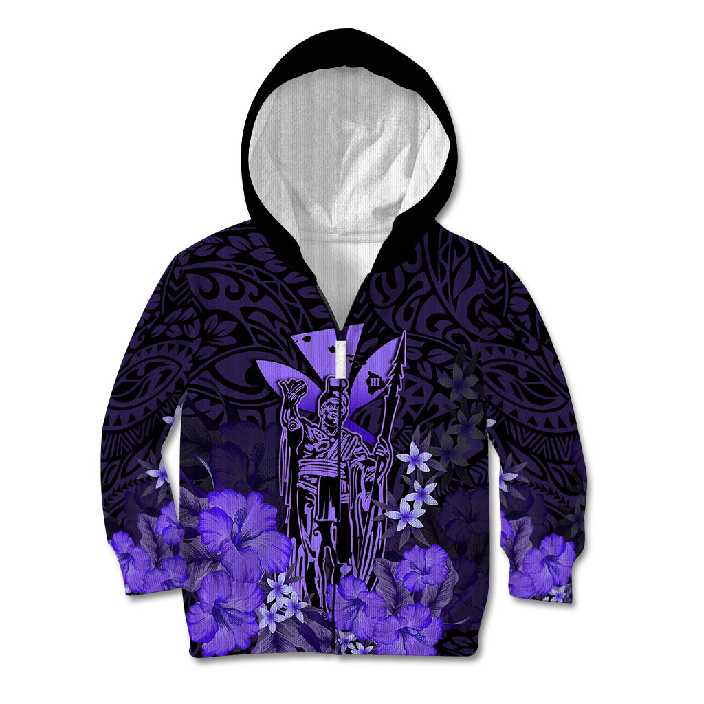 Personalised King Kamehameha Day Hawaii Kid Hoodie Polynesia Tribal Kanaka And Hibiscus Purple LT14 Zip Hoodie Purple - Polynesian Pride