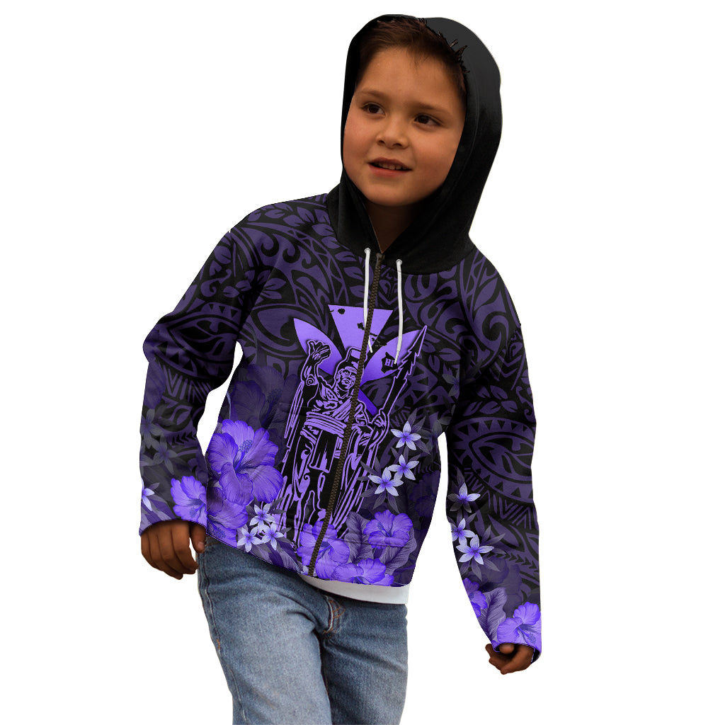 Personalised King Kamehameha Day Hawaii Kid Hoodie Polynesia Tribal Kanaka And Hibiscus Purple LT14 - Polynesian Pride