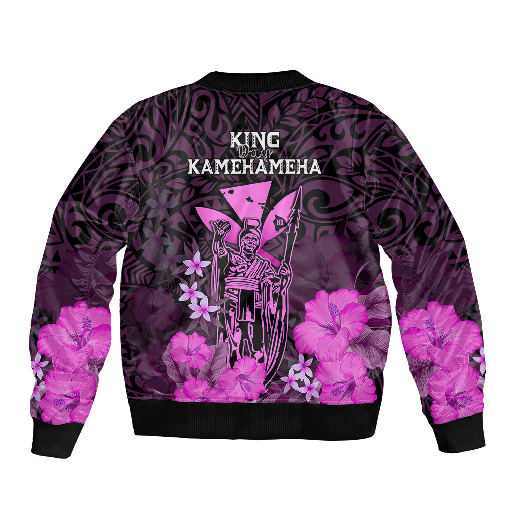 Polynesian Pride King Kamehameha Day Hawaii Sleeve Zip Bomber Jacket Polynesia Tribal Kanaka And Hibiscus Pink LT14 - Polynesian Pride