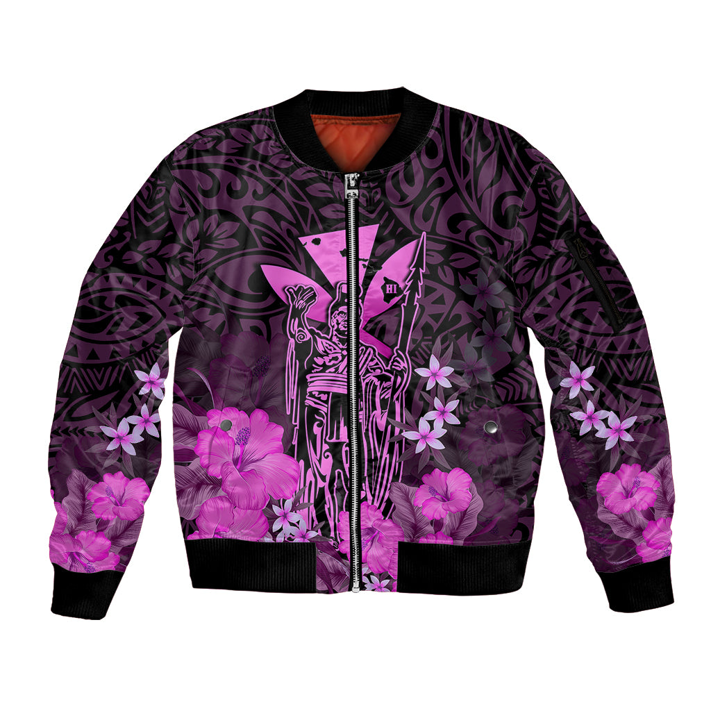 Personalised King Kamehameha Day Hawaii Sleeve Zip Bomber Jacket Polynesia Tribal Kanaka And Hibiscus Pink LT14 Unisex Pink - Polynesian Pride