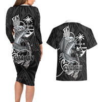Guam Blue Marlin Fishing Couples Matching Long Sleeve Bodycon Dress and Hawaiian Shirt Guahan Fish Hook Tattoo Black Version