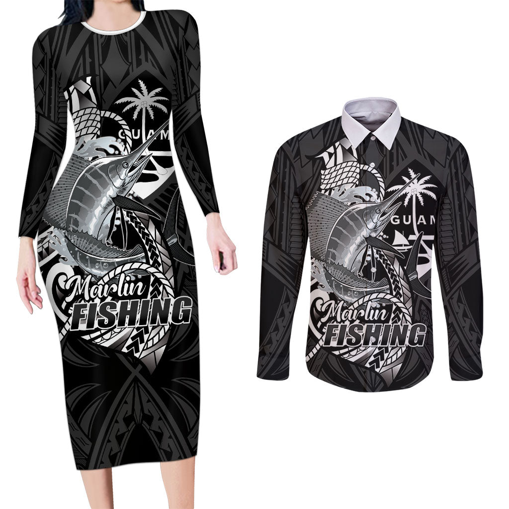 Guam Blue Marlin Fishing Couples Matching Long Sleeve Bodycon Dress and Long Sleeve Button Shirt Guahan Fish Hook Tattoo Black Version LT14 Black - Polynesian Pride