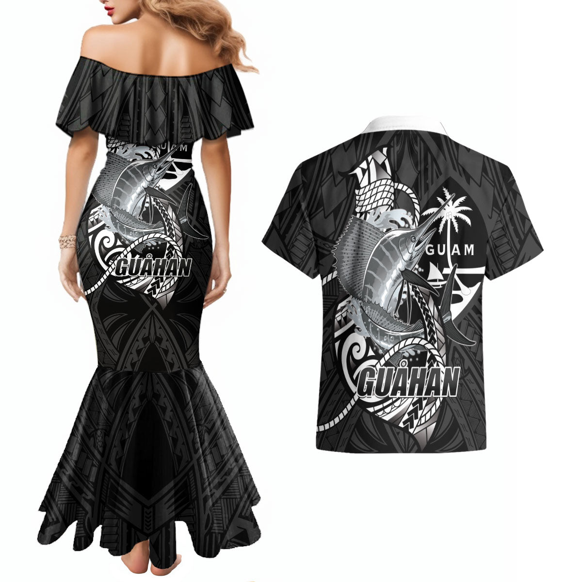Guam Blue Marlin Fishing Couples Matching Mermaid Dress and Hawaiian Shirt Guahan Fish Hook Tattoo Black Version