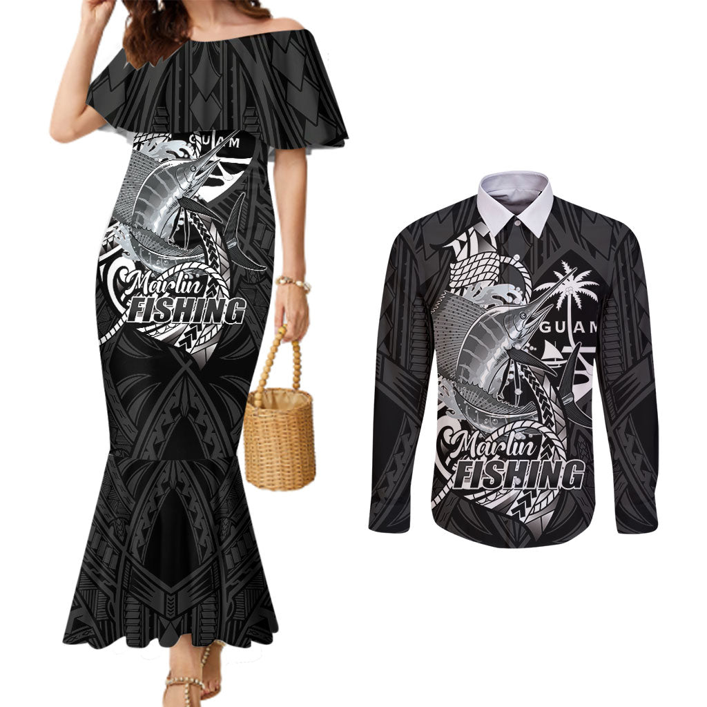 Guam Blue Marlin Fishing Couples Matching Mermaid Dress and Long Sleeve Button Shirt Guahan Fish Hook Tattoo Black Version LT14 Black - Polynesian Pride