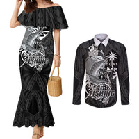 Guam Blue Marlin Fishing Couples Matching Mermaid Dress and Long Sleeve Button Shirt Guahan Fish Hook Tattoo Black Version LT14 Black - Polynesian Pride
