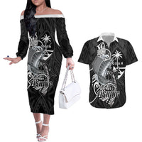 Guam Blue Marlin Fishing Couples Matching Off The Shoulder Long Sleeve Dress and Hawaiian Shirt Guahan Fish Hook Tattoo Black Version