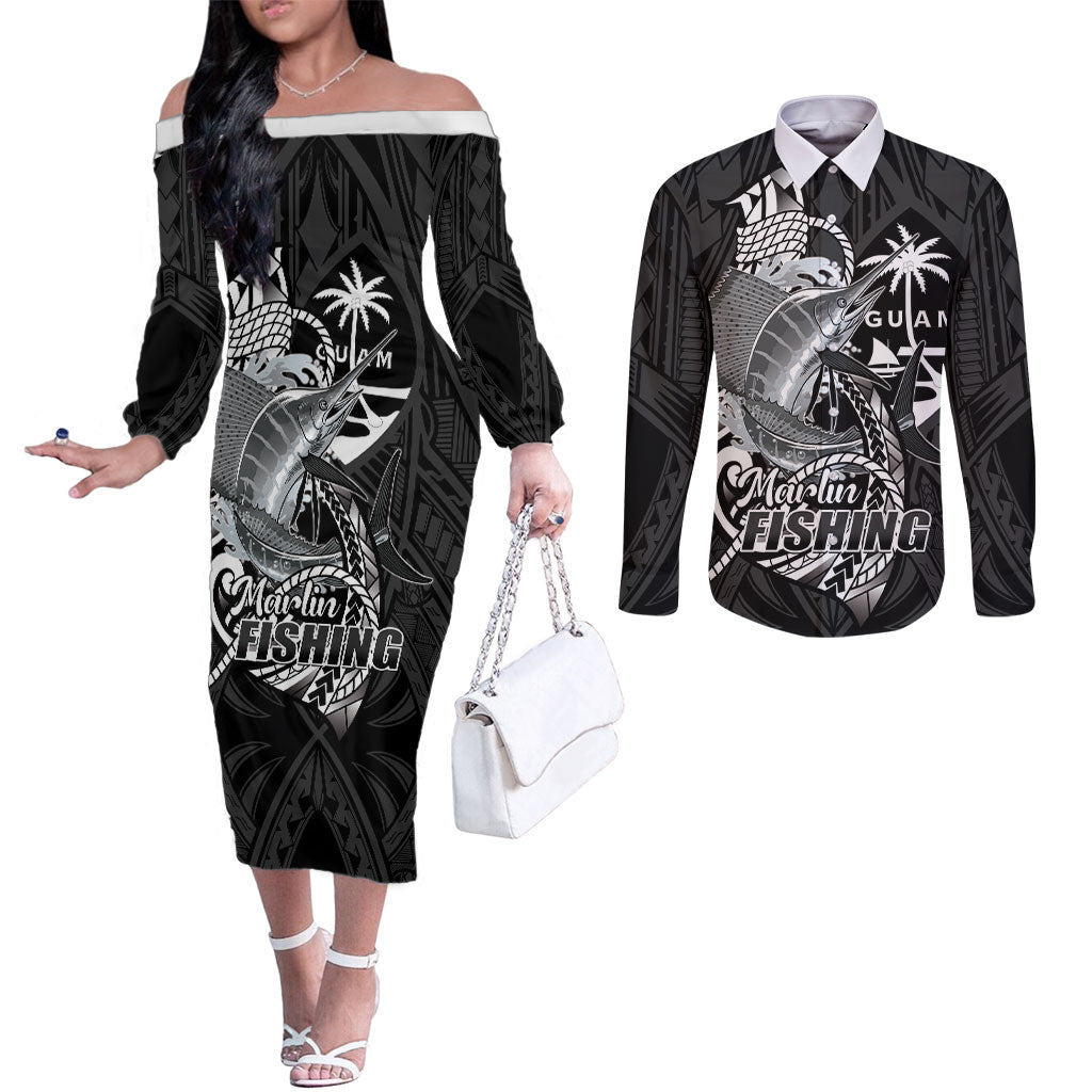 Guam Blue Marlin Fishing Couples Matching Off The Shoulder Long Sleeve Dress and Long Sleeve Button Shirt Guahan Fish Hook Tattoo Black Version LT14 Black - Polynesian Pride
