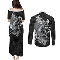 Guam Blue Marlin Fishing Couples Matching Puletasi and Long Sleeve Button Shirt Guahan Fish Hook Tattoo Black Version LT14 - Polynesian Pride
