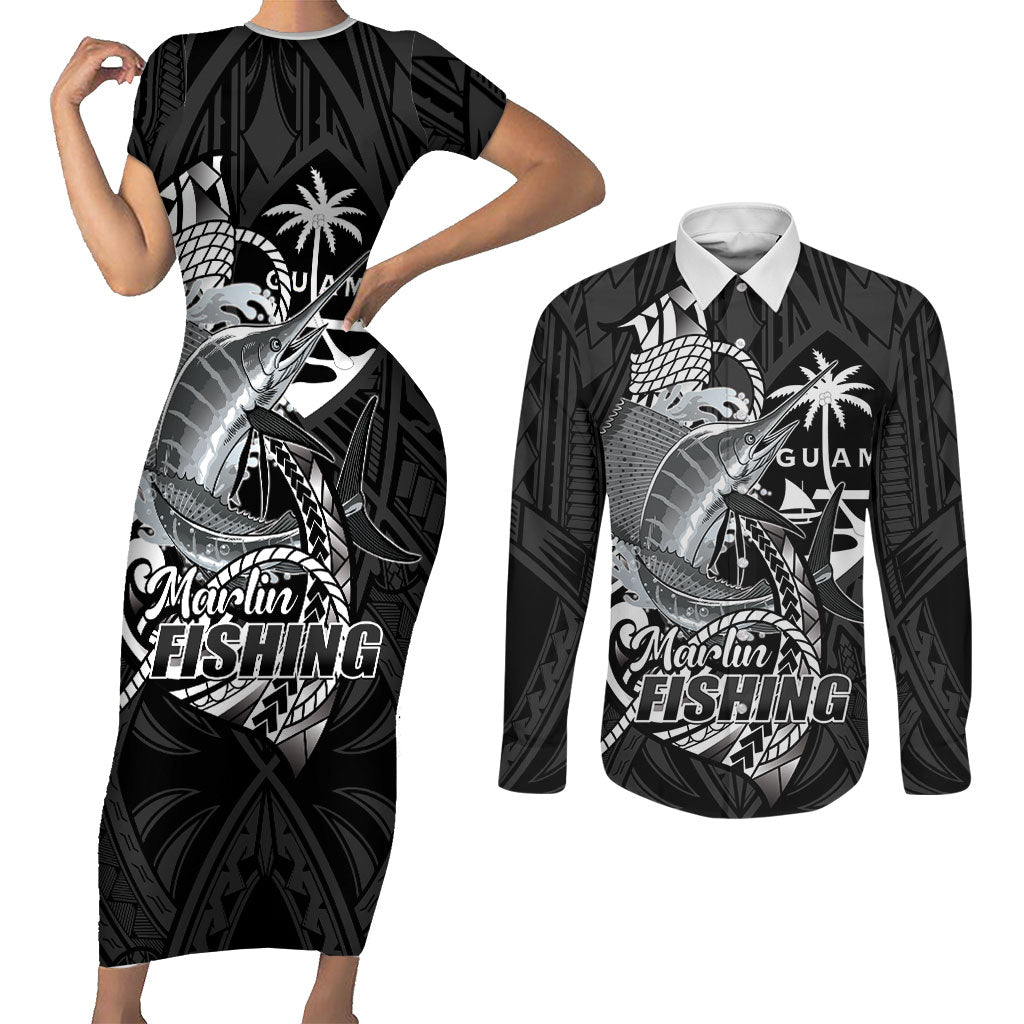 Guam Blue Marlin Fishing Couples Matching Short Sleeve Bodycon Dress and Long Sleeve Button Shirt Guahan Fish Hook Tattoo Black Version LT14 Black - Polynesian Pride
