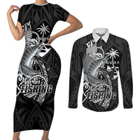 Guam Blue Marlin Fishing Couples Matching Short Sleeve Bodycon Dress and Long Sleeve Button Shirt Guahan Fish Hook Tattoo Black Version LT14 Black - Polynesian Pride