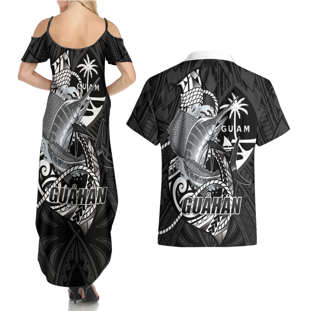 Guam Blue Marlin Fishing Couples Matching Summer Maxi Dress and Hawaiian Shirt Guahan Fish Hook Tattoo Black Version LT14 - Polynesian Pride