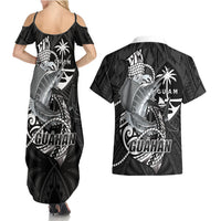 Guam Blue Marlin Fishing Couples Matching Summer Maxi Dress and Hawaiian Shirt Guahan Fish Hook Tattoo Black Version LT14 - Polynesian Pride